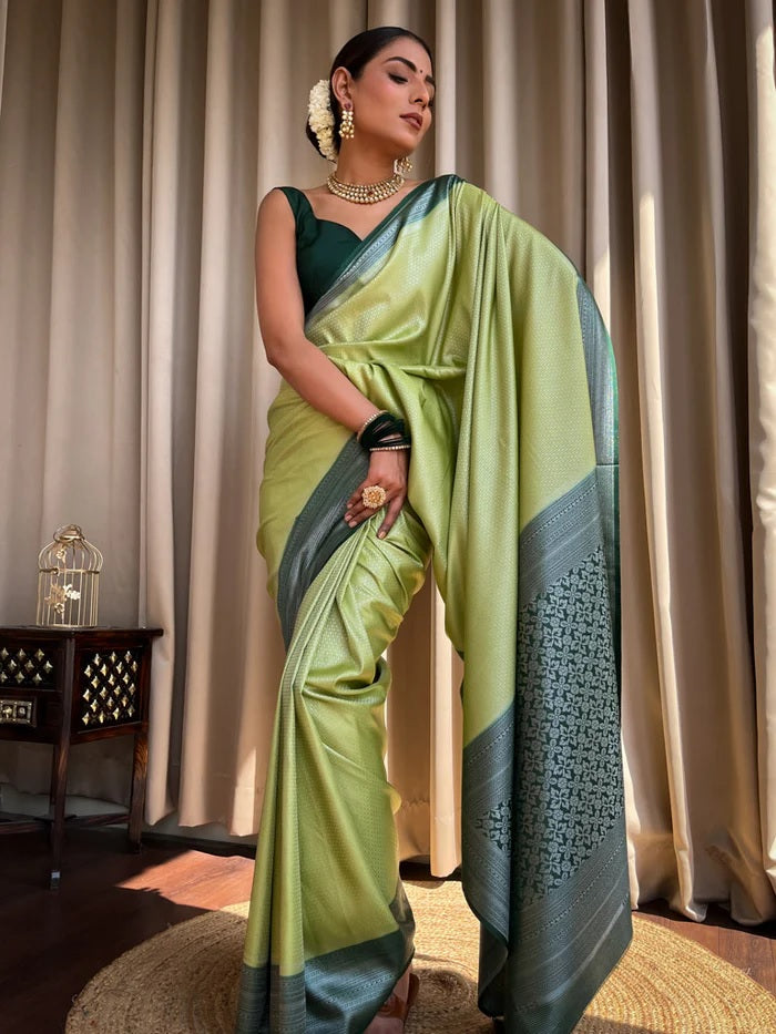 Confounding Pista Soft Silk Saree With Embrocation Blouse Piece