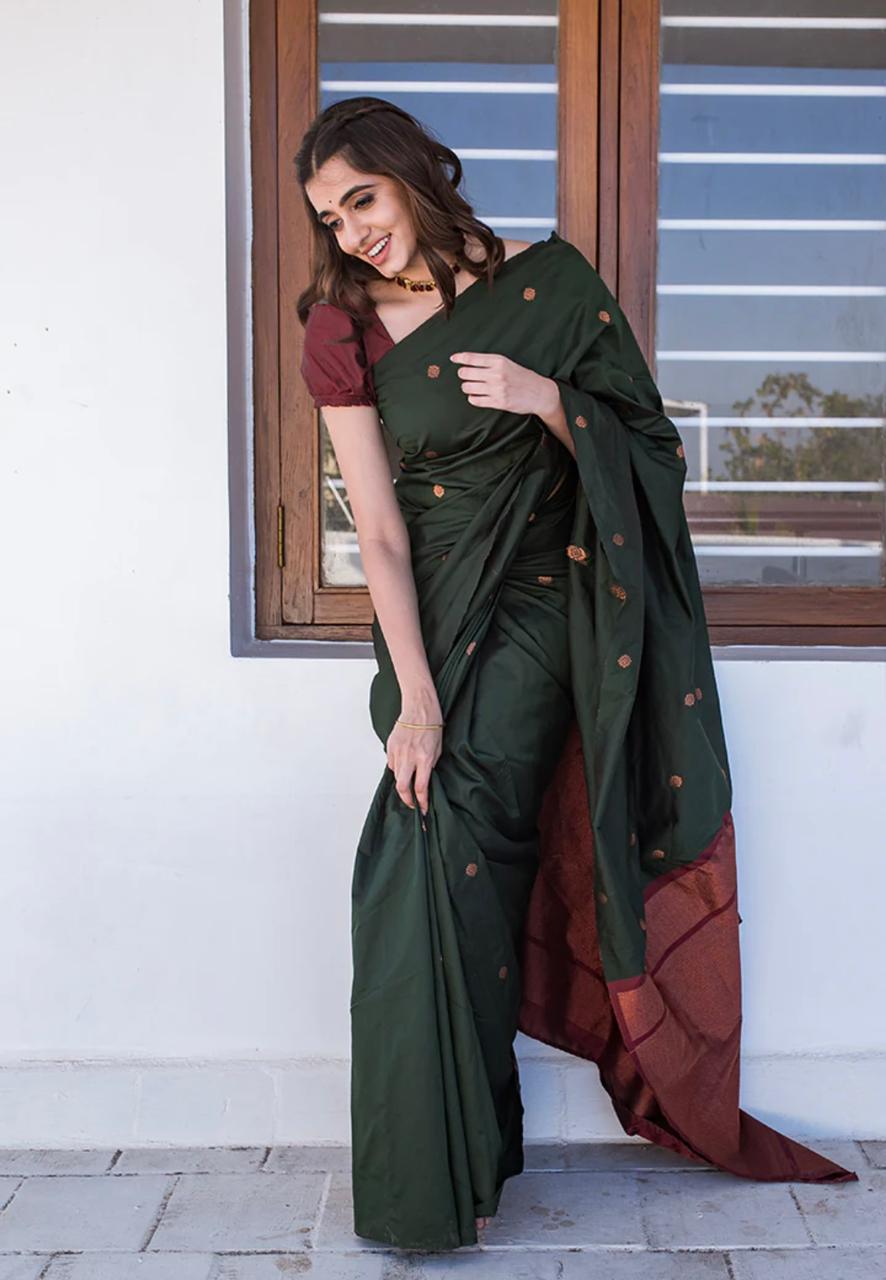 Staggering Green Soft Silk Saree With Angelic Blouse Piece