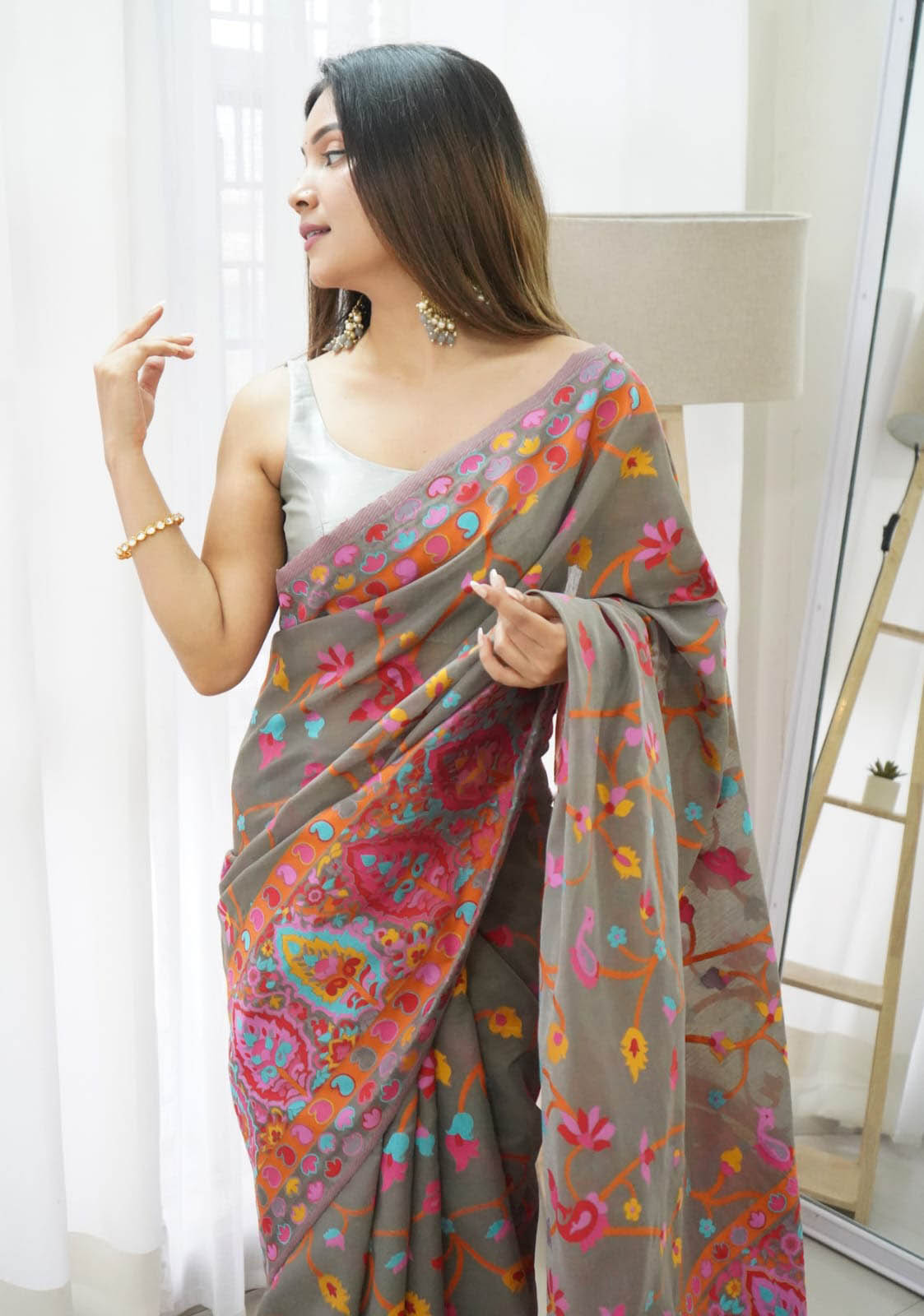 Palimpsest Grey Pashmina Saree With Radiant Blouse Piece