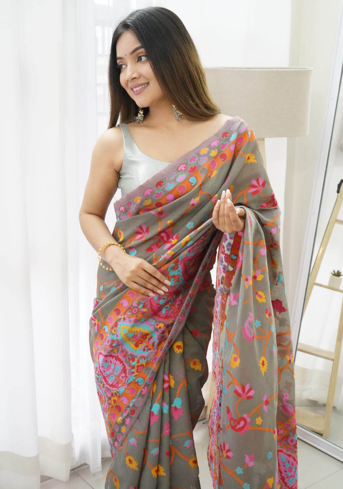 Palimpsest Grey Pashmina Saree With Radiant Blouse Piece