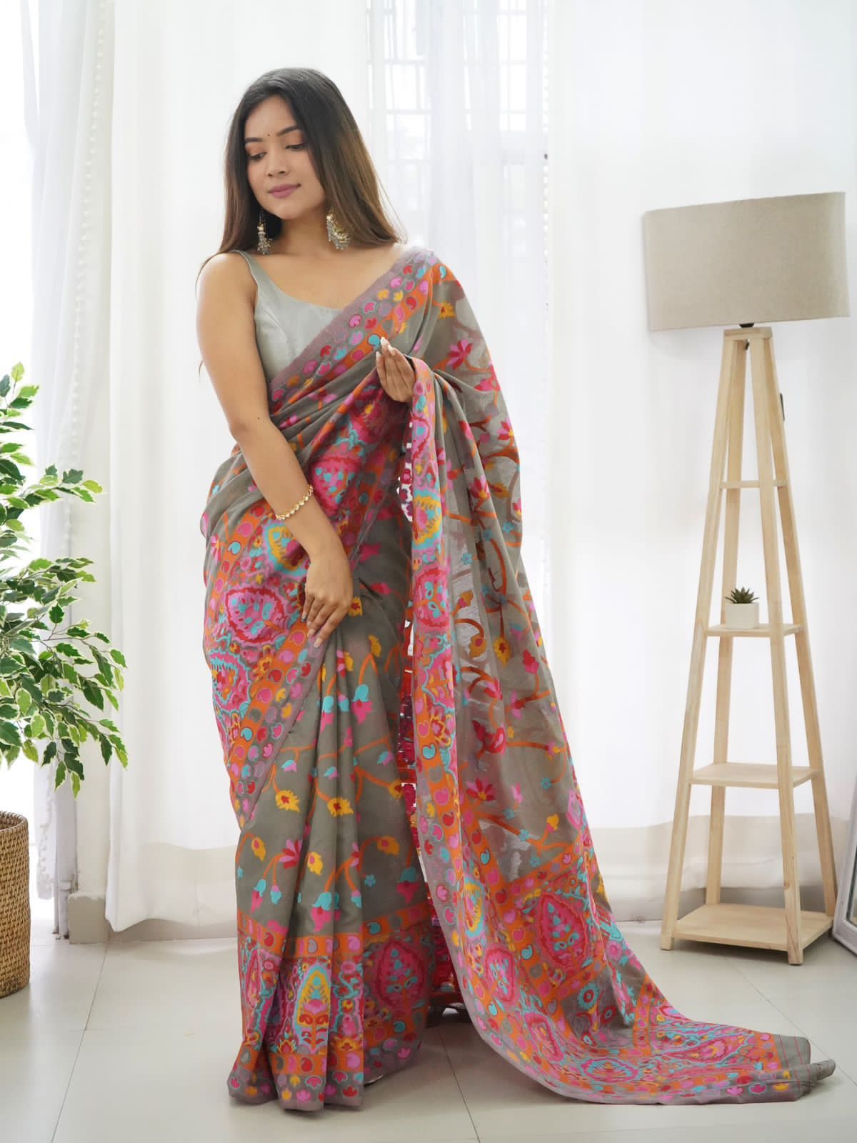 Palimpsest Grey Pashmina Saree With Radiant Blouse Piece