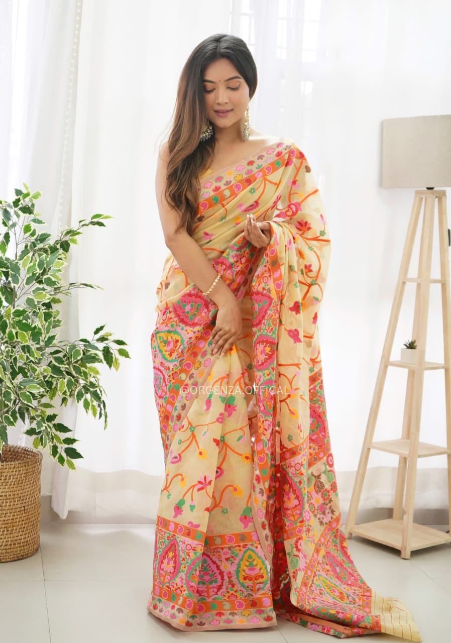 Radiant Light Yellow Pashmina Saree With Radiant Blouse Piece