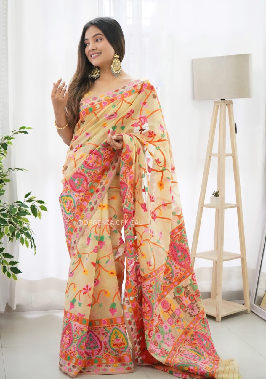 Radiant Light Yellow Pashmina Saree With Radiant Blouse Piece