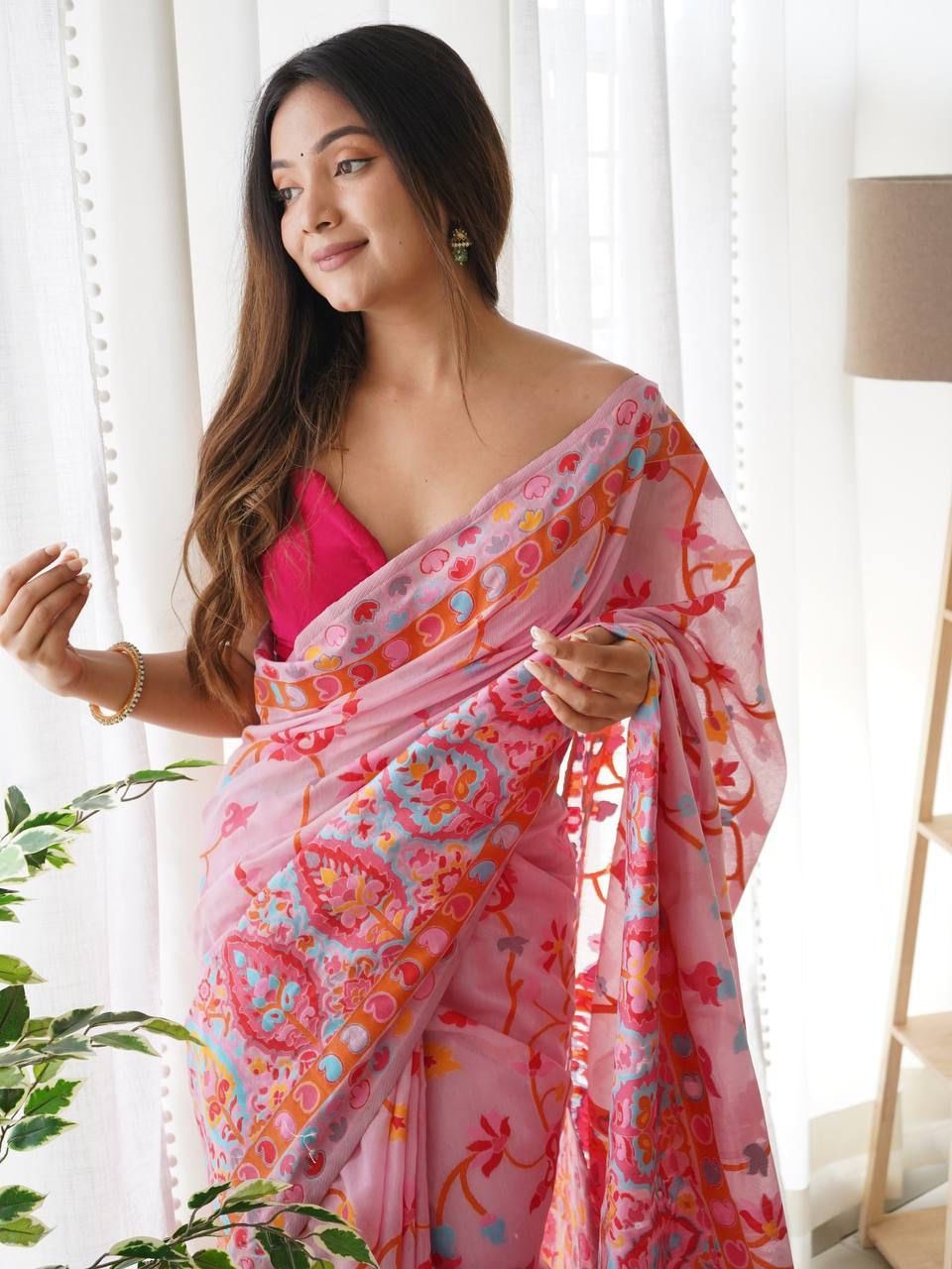 Scintilla Pink Pashmina Saree With Tempting Blouse Piece