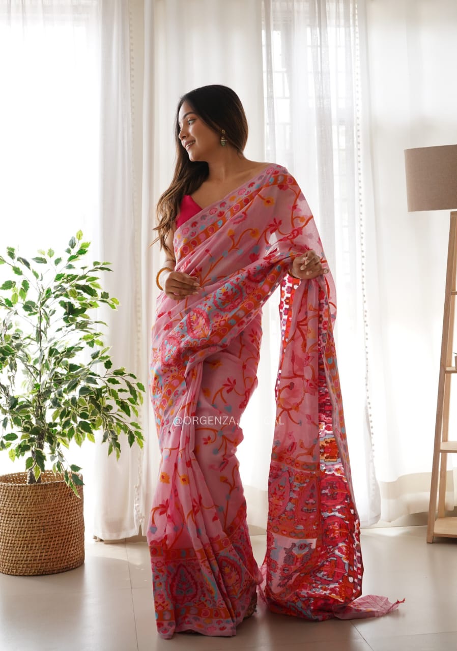 Scintilla Pink Pashmina Saree With Tempting Blouse Piece