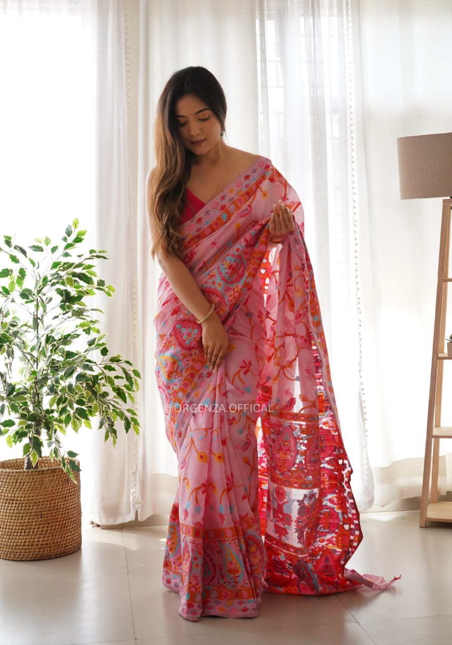 Scintilla Pink Pashmina Saree With Tempting Blouse Piece