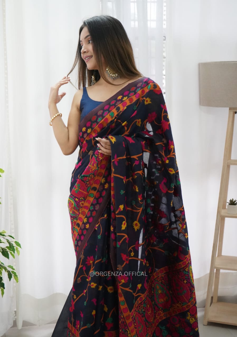 Lagniappe Navy Blue Pashmina Saree With Magnetic Blouse Piece