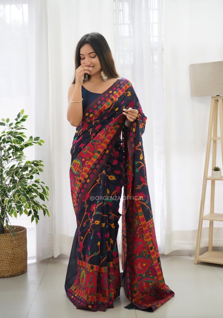 Lagniappe Navy Blue Pashmina Saree With Magnetic Blouse Piece