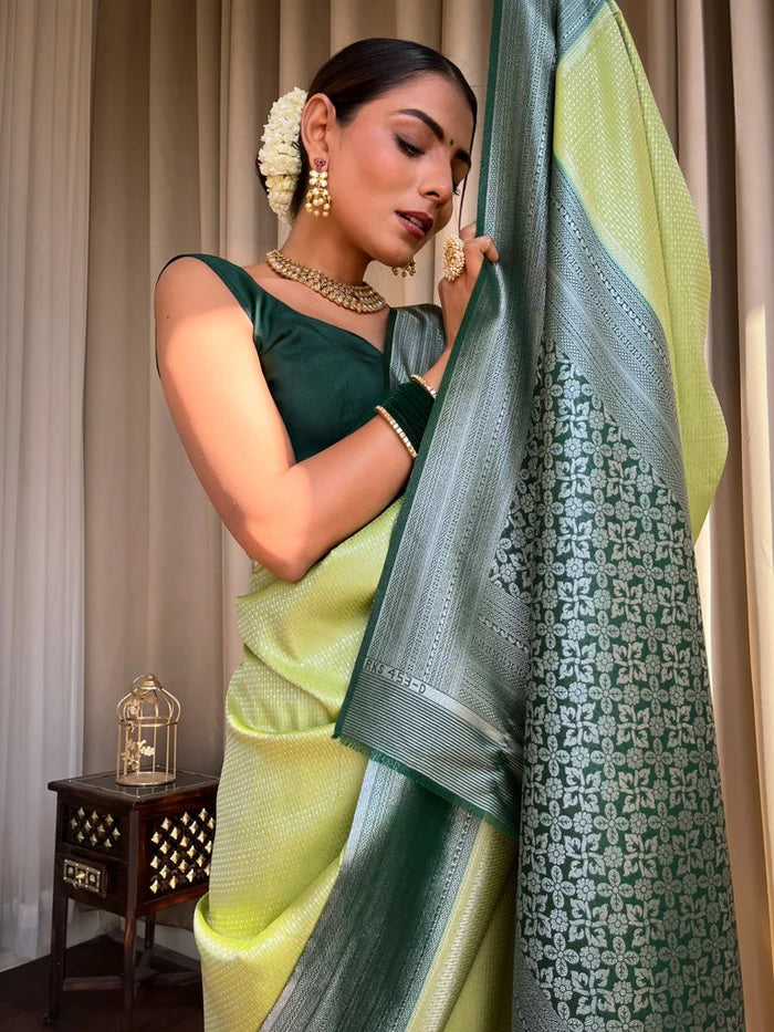 Confounding Pista Soft Silk Saree With Embrocation Blouse Piece