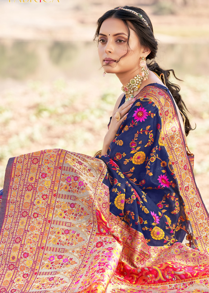 Gleaming Navy Blue Pashmina Saree With Nemesis Blouse Piece