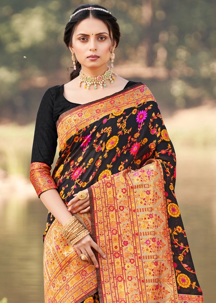 Ebullience Black Pashmina Saree With Fancifull Blouse Piece