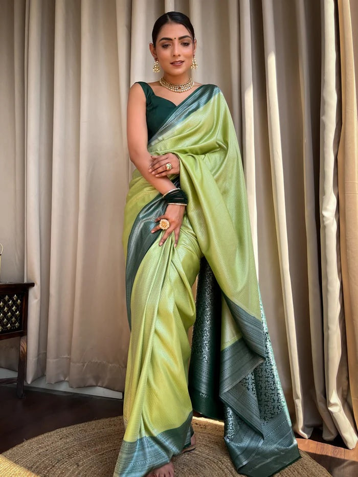 Confounding Pista Soft Silk Saree With Embrocation Blouse Piece