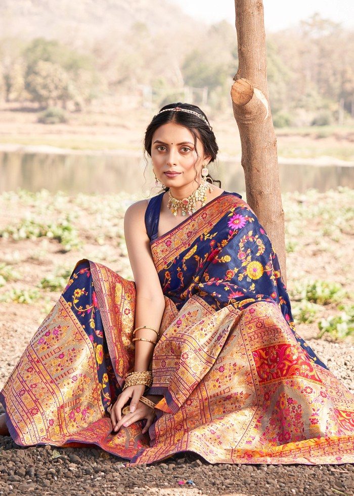 Gleaming Navy Blue Pashmina Saree With Nemesis Blouse Piece