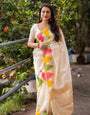 Eloquence White Soft Banarasi Silk Saree With Flaunt Blouse Piece