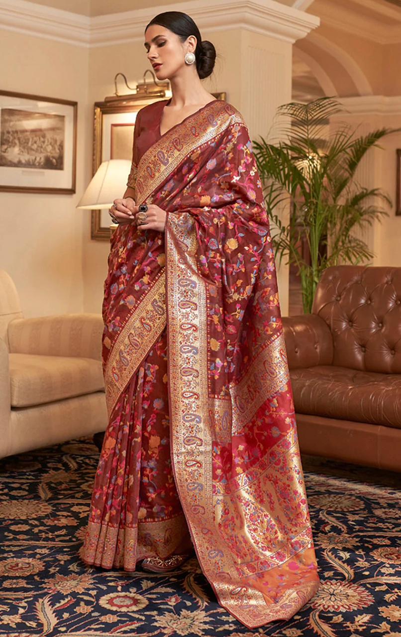 Beleaguer Maroon Pashmina Saree With Charming Blouse Piece