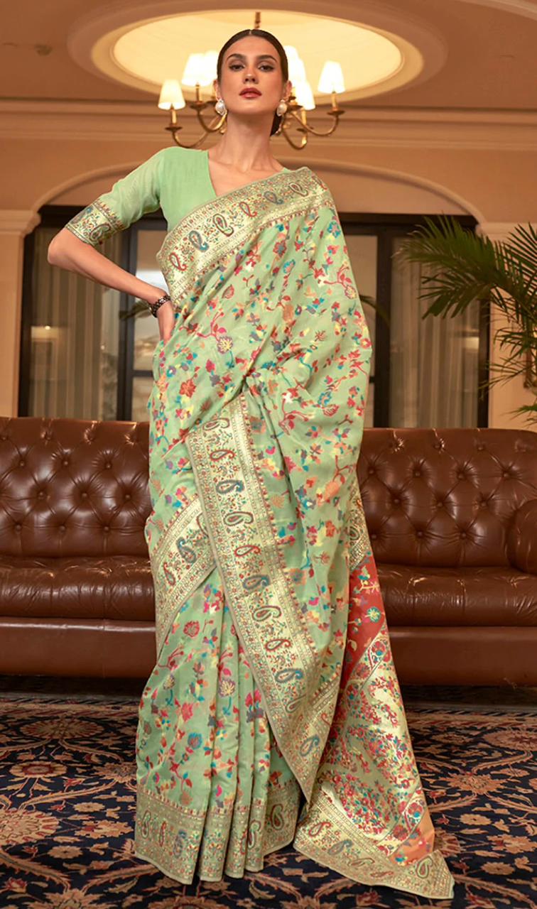 Traditional Pista Pashmina Saree With Admirable Blouse Piece