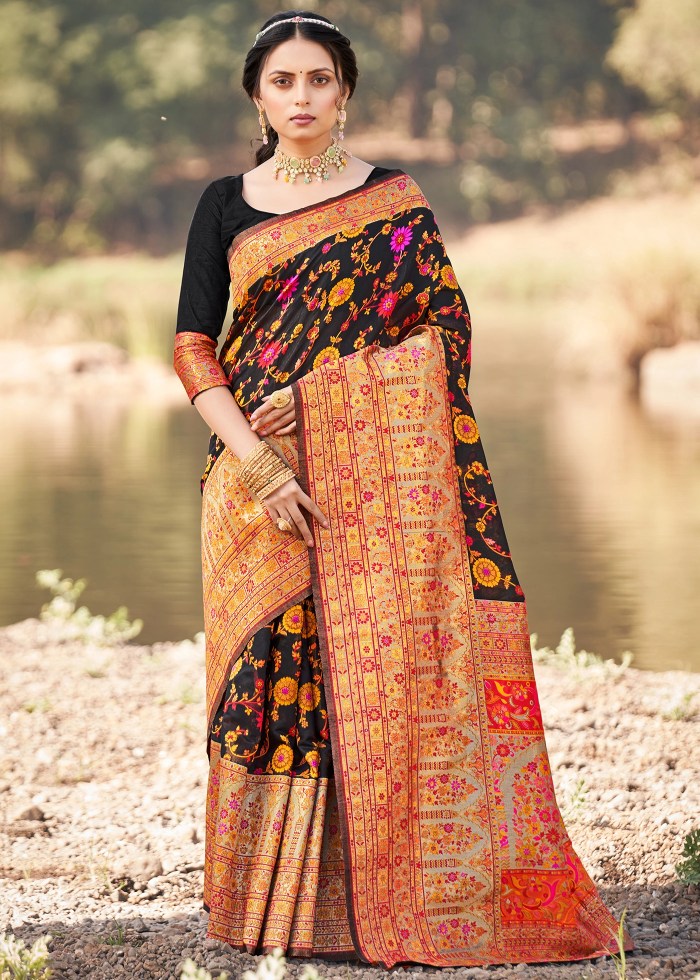 Ebullience Black Pashmina Saree With Fancifull Blouse Piece