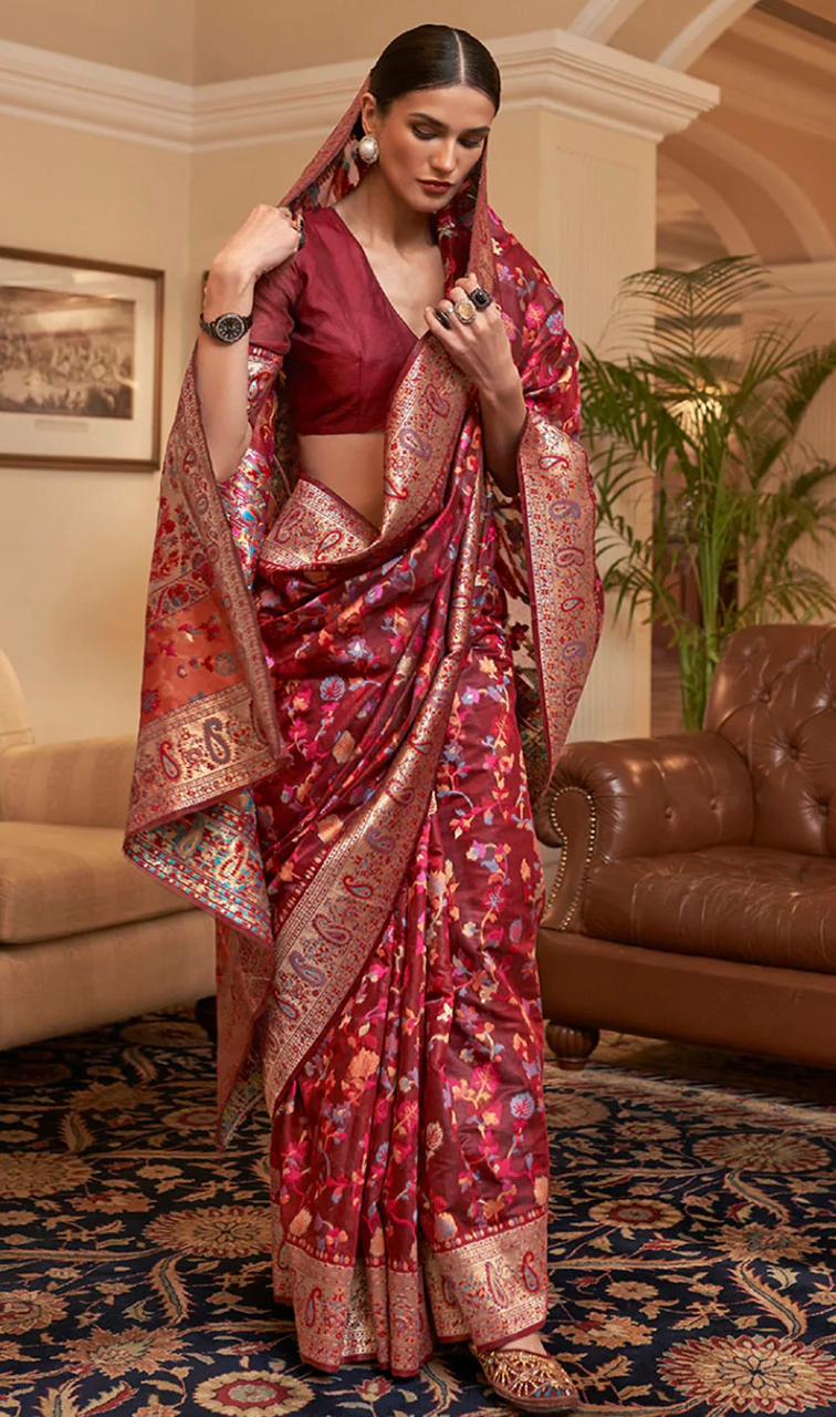 Beleaguer Maroon Pashmina Saree With Charming Blouse Piece