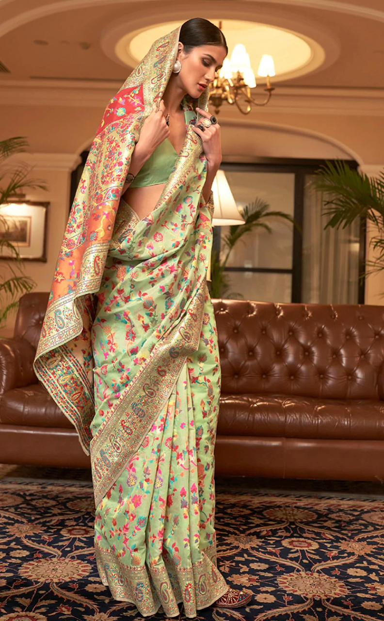 Traditional Pista Pashmina Saree With Admirable Blouse Piece