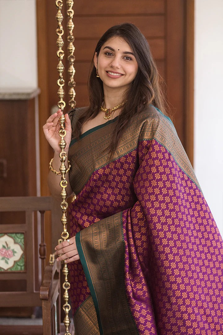 Glittering Wine Soft Silk Saree With Imbrication Blouse Piece