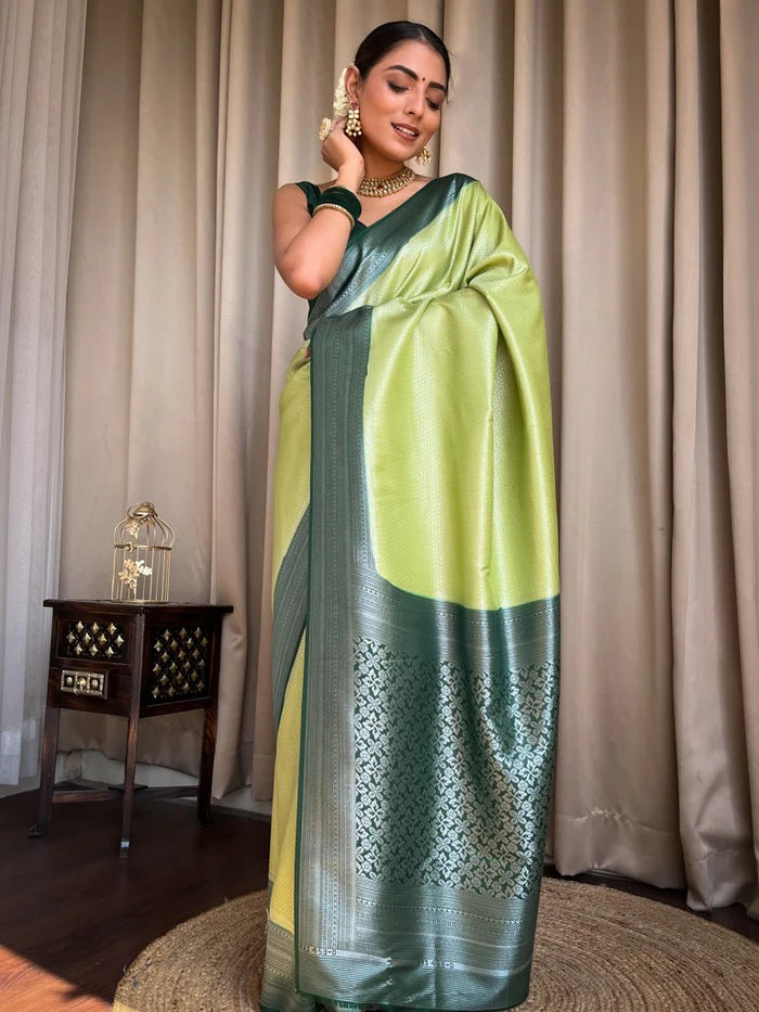 Confounding Pista Soft Silk Saree With Embrocation Blouse Piece