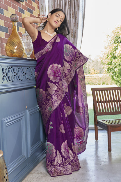 Innovative Wine Soft Silk Saree With Moiety Blouse Piece