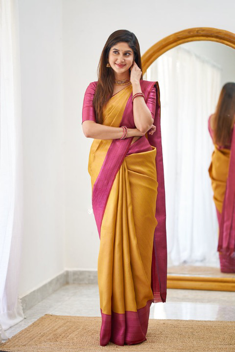 Chatoyant Mustered Soft Silk Saree With Delightful Blouse Piece