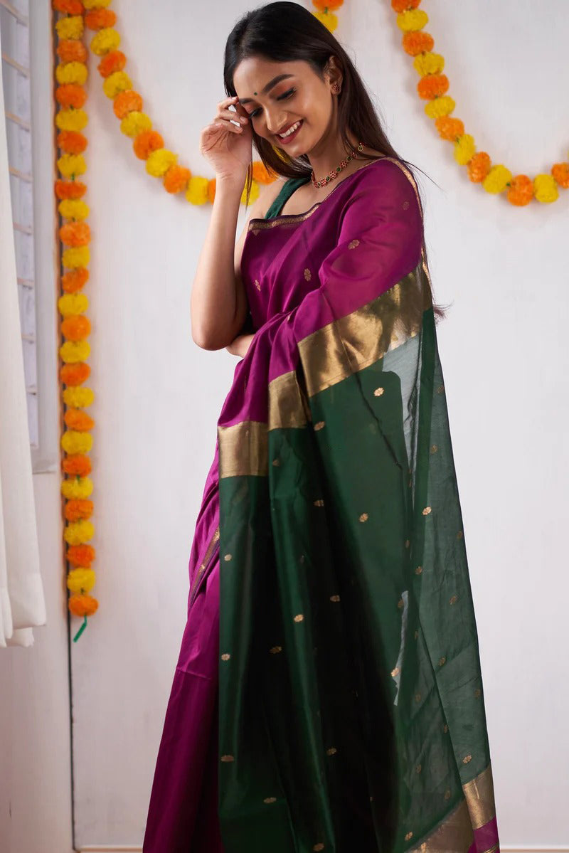 Ebullience Dark Pink Cotton Silk Saree With Fancifull Blouse Piece
