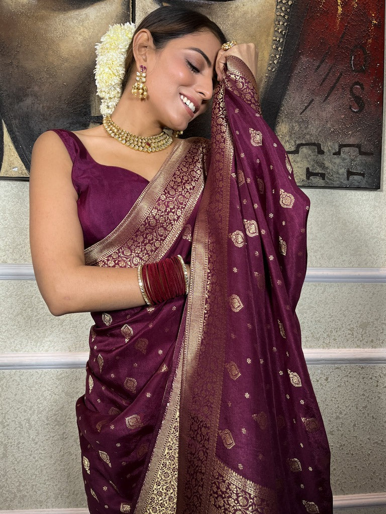 Demure Wine Soft Silk Saree With Elision Blouse Piece