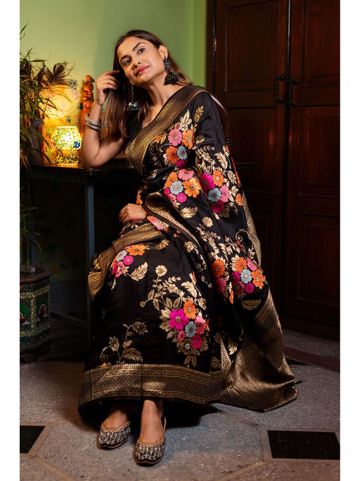 Demanding Black Soft Banarasi Silk Saree With Elaborate Blouse Piece