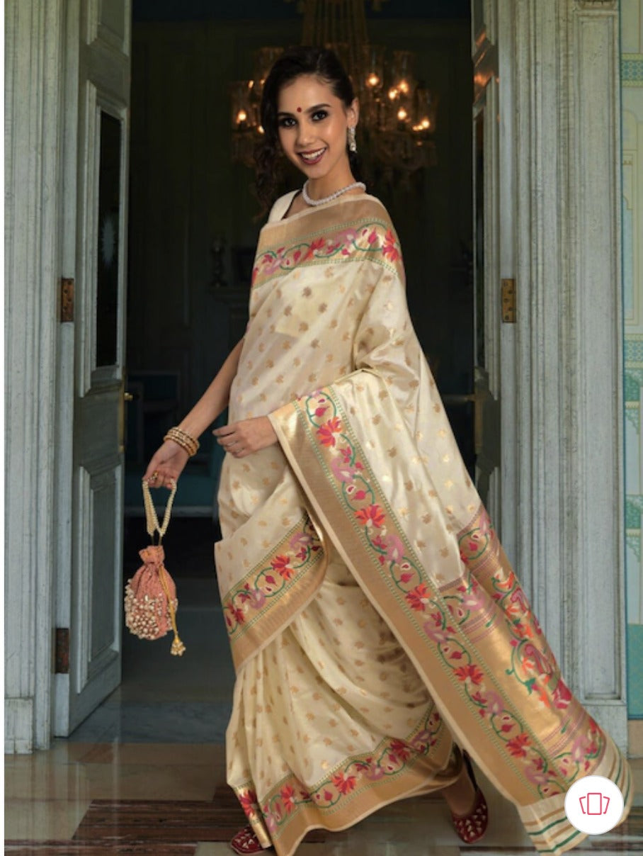 Felicitous Beige Color Paithani Silk Saree With Divine Blouse Piece