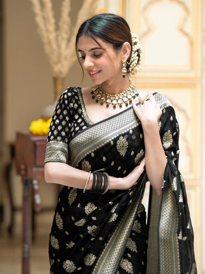 Deserving Black Soft Silk Saree With Embrocation Blouse Piece