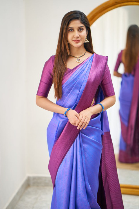 Chatoyant Blue & Wine Soft Silk Saree With Delightful Blouse Piece