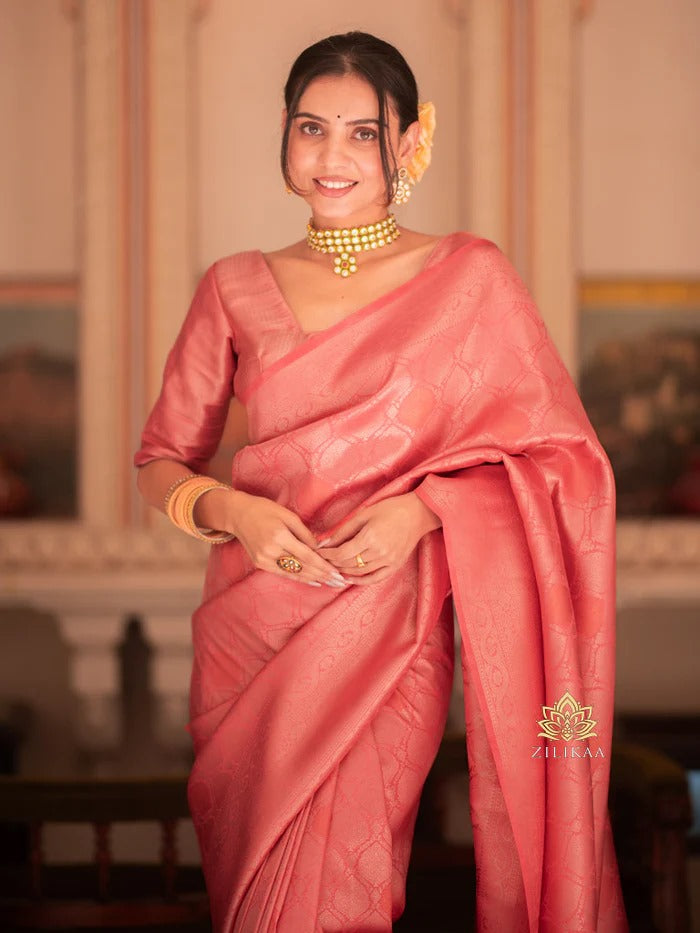 Engaging Pink Soft Silk Saree With Assemblage Blouse Piece