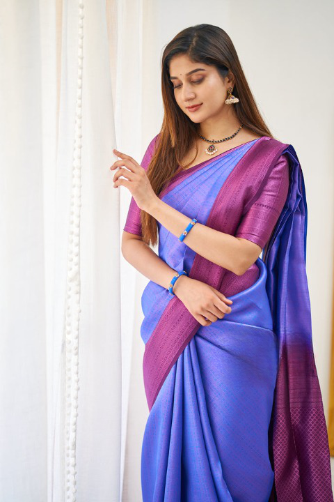 Chatoyant Blue & Wine Soft Silk Saree With Delightful Blouse Piece