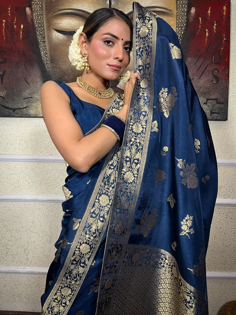 Classy Blue Soft Silk Saree With Demesne Blouse Piece