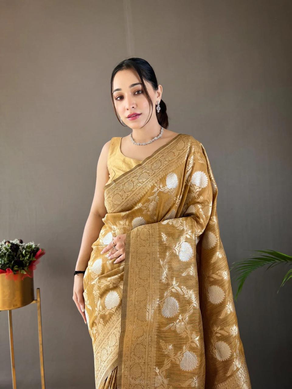 Twirling Mustered Soft Silk Saree With Ailurophile Blouse Piece