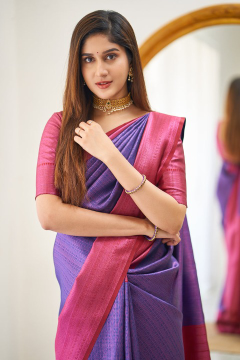 Chatoyant Blue & Pink Soft Silk Saree With Delightful Blouse Piece
