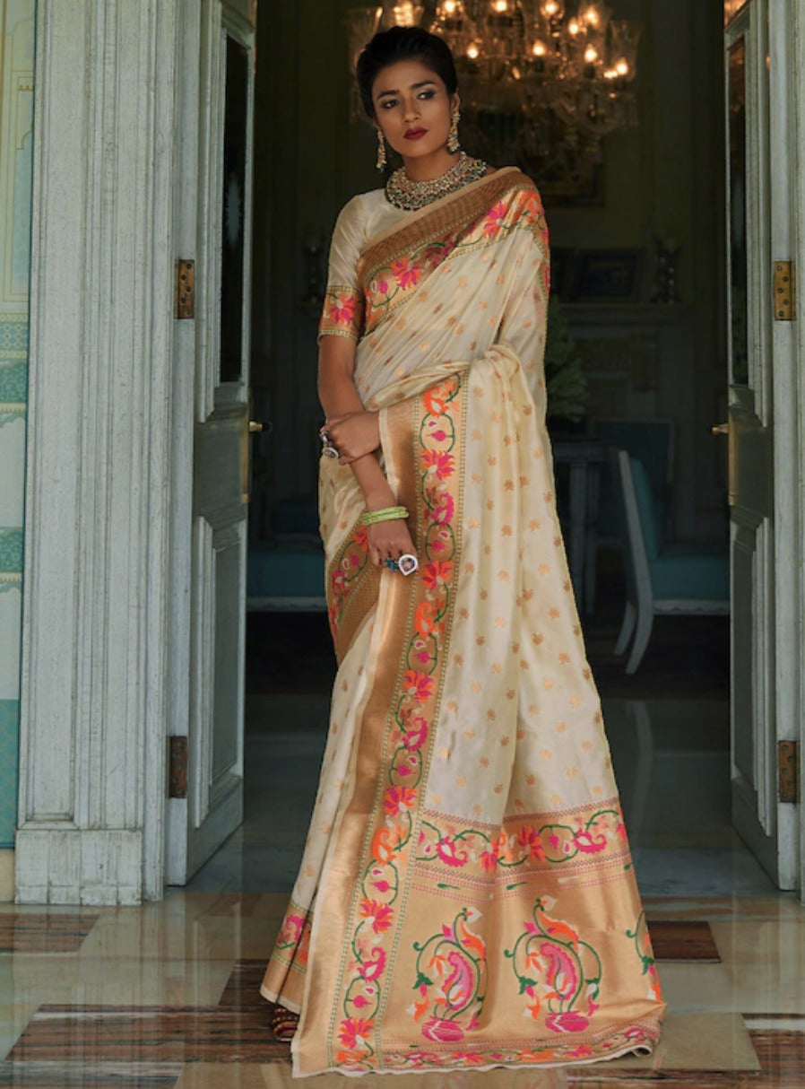 Felicitous Beige Color Paithani Silk Saree With Divine Blouse Piece