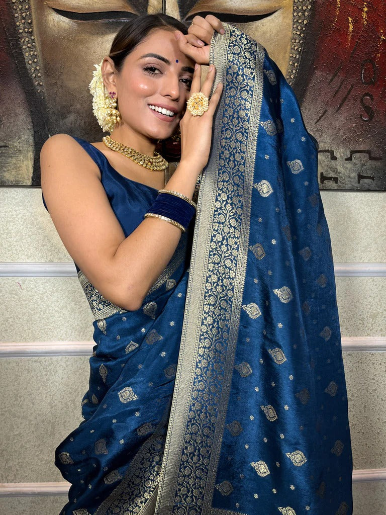 Twirling Blue Soft Silk Saree With Ailurophile Blouse Piece