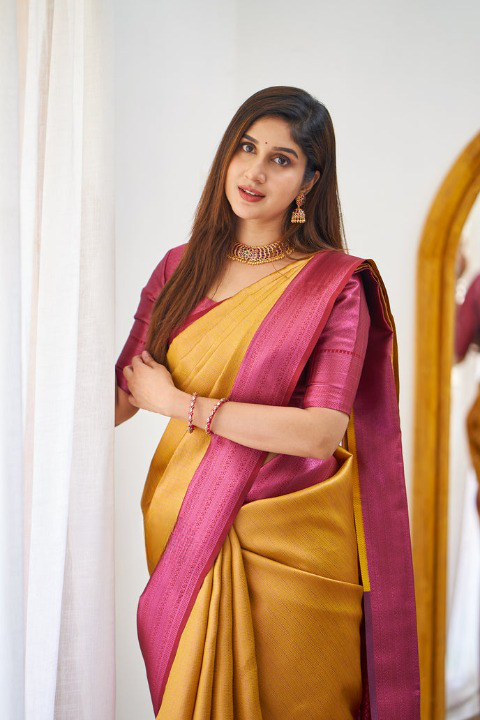 Chatoyant Mustered Soft Silk Saree With Delightful Blouse Piece