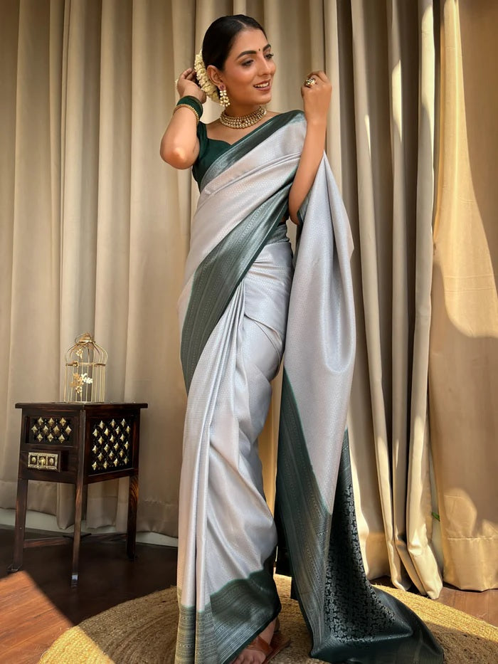 Unique Grey Soft Silk Saree With Bucolic Blouse Piece