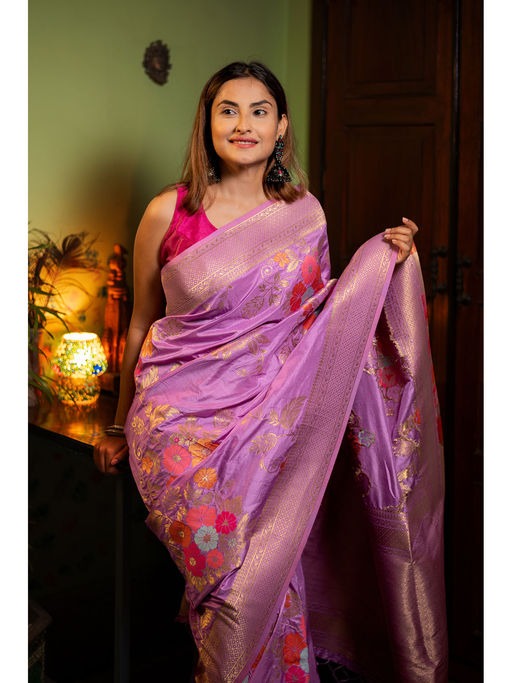 Flamboyant Lavender Soft Banarasi Silk Saree With Glowing Blouse Piece