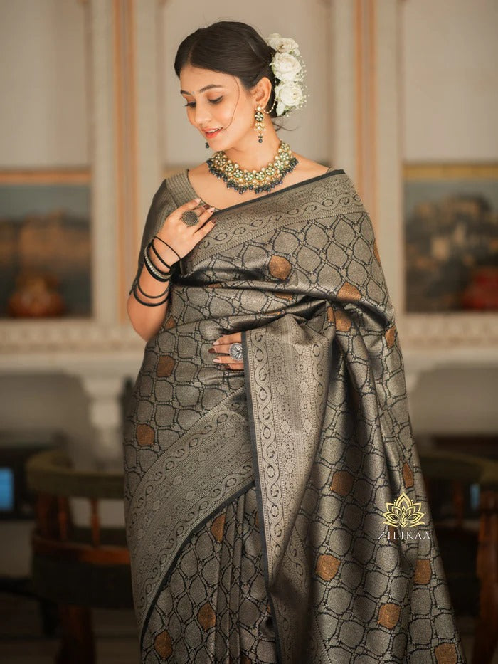 Angelic Black Soft Silk Saree With Exceptional Blouse Piece