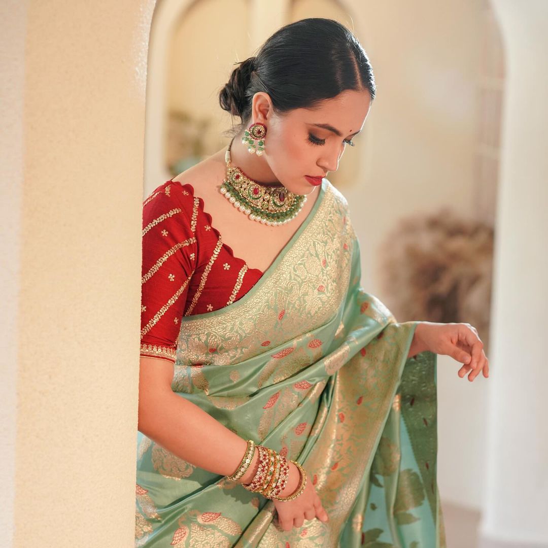 Exquisite Pista Soft Banarasi Silk Saree With Incredible Blouse Piece