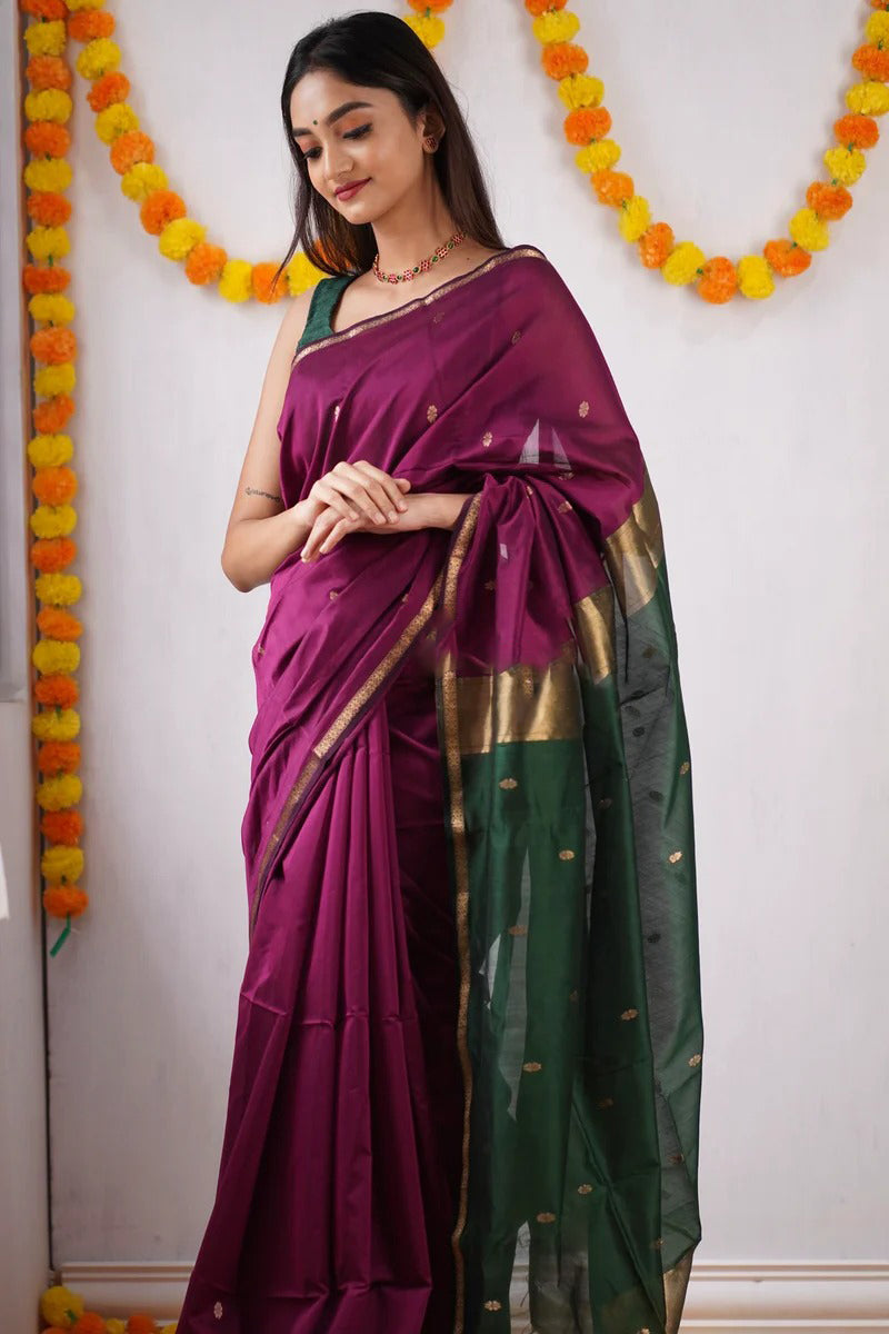 Ebullience Dark Pink Cotton Silk Saree With Fancifull Blouse Piece