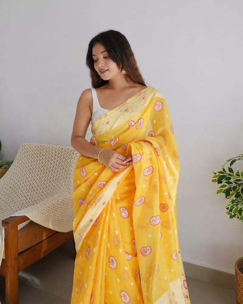 Lissome Yellow Color Cotton Silk Saree With Blouse Piece