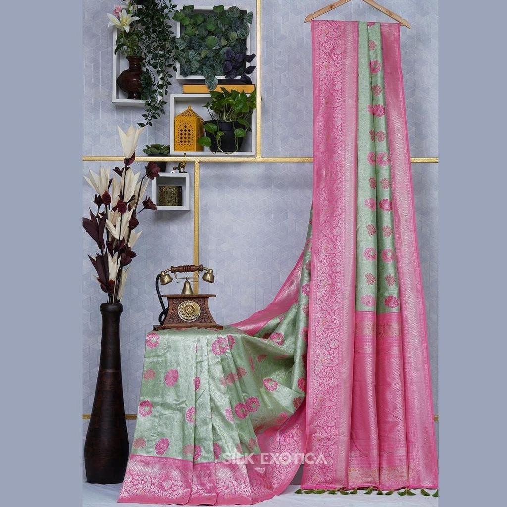 Delectable Pista Soft Silk Saree With Beleaguer Blouse Piece