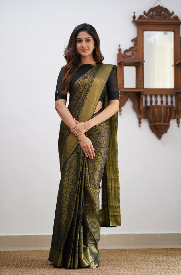 Ebullience Black Color Soft Banarasi Silk Saree With Blouse Piece
