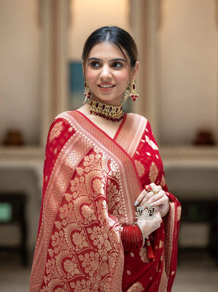 Prettiest Red Soft Silk Saree With Most Surreptitious Blouse Piece